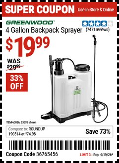 Harbor Freight Coupon GREENWOOD 4 GALLON BACKPACK SPRAYER Lot No. 63092/63036 Expired: 4/19/26 - $19.99