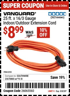 Harbor Freight Coupon VANGUARD 25 FT. X 16/3 GAUGE INDOOR/OUTDOOR EXTENSION CORD, ORANGE Lot No. 62938 Valid Thru: 3/8/26 - $8.99