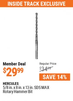 Harbor Freight Coupon HERCULES 5/8 IN. X 8 IN. X 13 IN. SDS MAX ROTARY HAMMER BIT Lot No. 56245 Expired: 7/1/21 - $29.99