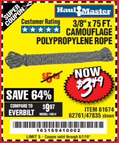 Harbor Freight Coupon 3/8" x 75 FT. CAMOUFLAGE POLY ROPE Lot No. 47835/61674 Expired: 6/1/19 - $3.49