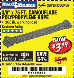 Harbor Freight Coupon 3/8" x 75 FT. CAMOUFLAGE POLY ROPE Lot No. 47835/61674 Expired: 7/19/19 - $3.49