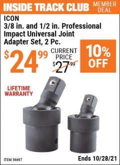 Harbor Freight ITC Coupon 3/8 IN. AND 1/2 IN. IMPACT JOINT ADAPTER SET 2 PC Lot No. 56697 Expired: 10/28/21 - $24.99