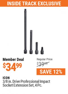 Harbor Freight ITC Coupon 3/8 IN. IMPACT SOCKET EXTENSION SET, 4 PC Lot No. 56918 Expired: 7/29/21 - $34.99