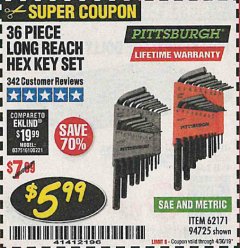 Harbor Freight Coupon 36 PIECE SAE/METRIC LONG REACH HEX KEY SET Lot No. 62171/94725 Expired: 4/30/19 - $5.99