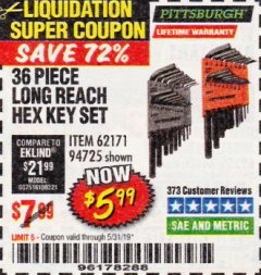 Harbor Freight Coupon 36 PIECE SAE/METRIC LONG REACH HEX KEY SET Lot No. 62171/94725 Expired: 5/31/19 - $5.99