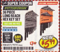 Harbor Freight Coupon 36 PIECE SAE/METRIC LONG REACH HEX KEY SET Lot No. 62171/94725 Expired: 10/31/19 - $5.99