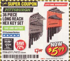 Harbor Freight Coupon 36 PIECE SAE/METRIC LONG REACH HEX KEY SET Lot No. 62171/94725 Expired: 11/30/19 - $5.99