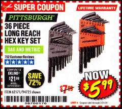 Harbor Freight Coupon 36 PIECE SAE/METRIC LONG REACH HEX KEY SET Lot No. 62171/94725 Expired: 3/31/20 - $5.99