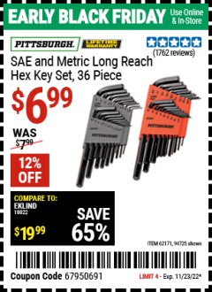 Harbor Freight Coupon 36 PIECE SAE/METRIC LONG REACH HEX KEY SET Lot No. 62171/94725 Expired: 11/23/22 - $6.99