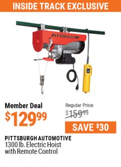Harbor Freight ITC Coupon PITTSBURGH AUTOMOTIVE 1300 LB. ELECTRIC HOIST WITH REMOTE CONTROL Lot No. 62853 Expired: 7/29/21 - $129.99