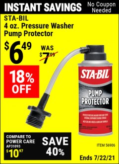 Harbor Freight Coupon STA-BIL 4 OZ. PRESSURE WASHER PUMP PROTECTOR Lot No. 56906 Expired: 7/22/21 - $6.49