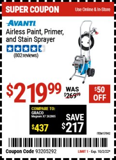 Harbor Freight Coupon AVANTI AIRLESS PAINT, PRIMER AND STAIN SPRAYER Lot No. 57042 Expired: 10/2/22 - $219