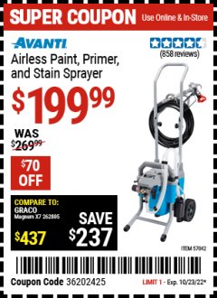 Harbor Freight Coupon AVANTI AIRLESS PAINT, PRIMER AND STAIN SPRAYER Lot No. 57042 Expired: 10/23/22 - $199.99