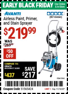 Harbor Freight Coupon AVANTI AIRLESS PAINT, PRIMER AND STAIN SPRAYER Lot No. 57042 Expired: 11/13/22 - $219.99