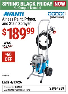 Harbor Freight Coupon AVANTI AIRLESS PAINT, PRIMER, AND STAIN SPRAYER Lot No. 57042 Expired: 4/12/26 - $189.99
