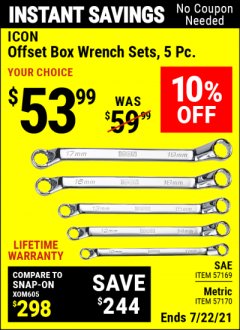 Harbor Freight Coupon ICON OFFSET BOX WRENCH SETS, 5 PC. Lot No. 57169/57170 Expired: 7/22/21 - $53.99