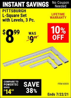 Harbor Freight Coupon PITTSBURGH L-SQUARE SET WITH LEVELS 3 PC Lot No. 63033 Expired: 7/22/21 - $8.99
