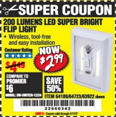 Harbor Freight Coupon LED SUPER BRIGHT FLIP LIGHT Lot No. 64723/63922/64189 Expired: 4/1/19 - $2.99