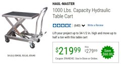 Harbor Freight Coupon 1000 LB. CAPACITY HYDRAULIC TABLE CART Lot No. 69148/60438 Expired: 6/30/20 - $219.99