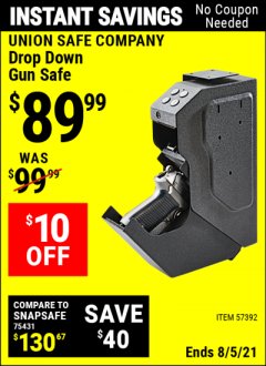 Harbor Freight Coupon UNION SAFE COMPANY DROP DOWN GUN SAFE Lot No. 57392 Expired: 8/5/21 - $89.99