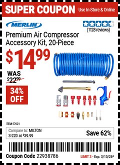 Harbor Freight Coupon MERLIN PREMIUM AIR COMPRESSOR ACCESSORY KIT, 20-PIECE Lot No. 57621 Expired: 3/15/26 - $14.99