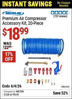 Harbor Freight Coupon MERLIN PREMIUM AIR COMPRESSOR ACCESSORY KIT, 20-PIECE Lot No. 57621 Valid Thru: 6/4/26 - $18.99