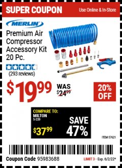 Harbor Freight Coupon MERLIN PREMIUM AIR COMPRESSOR ACCESSORY KIT – 20 PC. Lot No. 57621 Expired: 6/2/22 - $19.99