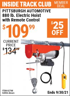 Harbor Freight ITC Coupon PITTSBURGH AUTOMOTIVE 880 LB. ELECTRIC HOIST WITH REMOTE CONTROL Lot No. 62854 Expired: 9/30/21 - $109.99