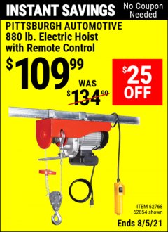 Harbor Freight Coupon PITTSBURGH AUTOMOTIVE 880 LB. ELECTRIC HOIST WITH REMOTE CONTROL Lot No. 62854 Expired: 8/5/21 - $109.99