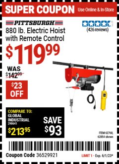 Harbor Freight Coupon PITTSBURGH AUTOMOTIVE 880 LB. ELECTRIC HOIST WITH REMOTE CONTROL Lot No. 62854 Expired: 6/1/23 - $119.99