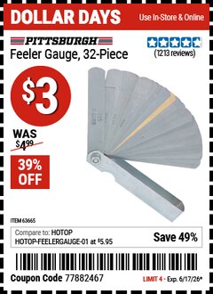 Harbor Freight Coupon PITTSBURGH FEELER GAUGE, 32-PIECE Lot No. 63665 Valid Thru: 6/17/26 - $3