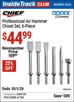 Harbor Freight Coupon CHIEF PROFESSIONAL AIR HAMMER CHISEL SET, 6-PIECE Lot No. 56541 Valid: 12/31/69 - 10/1/26 - $44.99