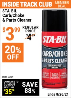 Harbor Freight ITC Coupon STA-BIL CARB/CHOKE & PARTS CLEANER Lot No. 56841 Expired: 8/26/21 - $3.99