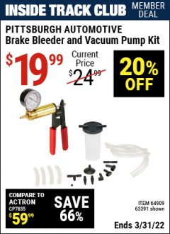 Harbor Freight ITC Coupon BRAKE BLEEDER AND VACUUM PUMP KIT Lot No. 63391 Expired: 3/31/22 - $19.99