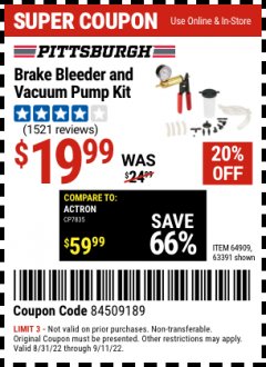 Harbor Freight Coupon BRAKE BLEEDER AND VACUUM PUMP KIT Lot No. 63391 Expired: 9/11/22 - $19.99