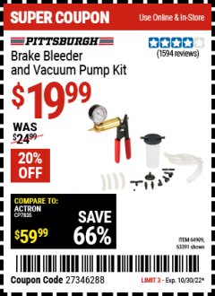 Harbor Freight Coupon BRAKE BLEEDER AND VACUUM PUMP KIT Lot No. 63391 Expired: 10/30/22 - $19.99
