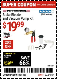 Harbor Freight Coupon BRAKE BLEEDER AND VACUUM PUMP KIT Lot No. 63391 Expired: 2/19/23 - $19.99
