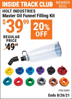 Harbor Freight ITC Coupon  HOLT INDUSTRIES MASTER OIL FUNNEL FILLING KIT Lot No. 56892 Expired: 8/26/21 - $39.99