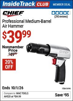 Harbor Freight Coupon CHIEF PROFESSIONAL MEDIUM-BARREL AIR HAMMER Lot No. 56990 Valid: 12/31/69 - 10/1/26 - $39.99