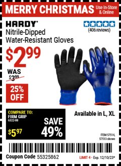 Harbor Freight Coupon HARDY NITRILE DIPPED WATERPROOF GLOVES X-LARGE Lot No. 57514 Expired: 12/10/23 - $2.99