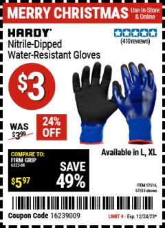 Harbor Freight Coupon HARDY NITRILE DIPPED WATERPROOF GLOVES X-LARGE Lot No. 57514 Expired: 12/24/23 - $3