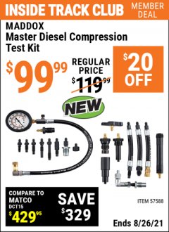 Harbor Freight ITC Coupon MADDOX MASTER DIESEL COMPRESSION TEST KIT Lot No. 57588 Expired: 8/26/21 - $99.99