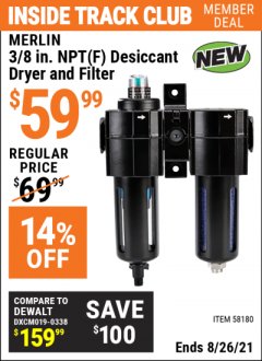 Harbor Freight ITC Coupon MERLIN 3/8 IN. NPT(F) DESICCANT DRYER AND FILTER Lot No. 58180 Expired: 8/26/21 - $59.99