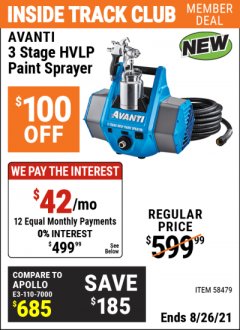 Harbor Freight ITC Coupon AVANTI 3 STAGE HVLP PAINT SPRAYER Lot No. 58479 Expired: 8/26/21 - $499.99