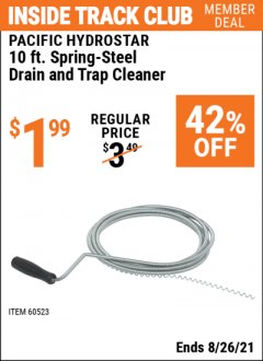 Harbor Freight ITC Coupon PACIFIC HYDROSTAR 10 FT. SPRING-STEEL DRAIN & TRAP CLEANER Lot No. 60523 Expired: 8/26/21 - $1.99