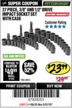 Harbor Freight Coupon 37 PIECE 3/8" AND 1/2" DRIVE COMBINATION IMPACT SOCKET SET Lot No. 68011 Expired: 5/31/19 - $23.99