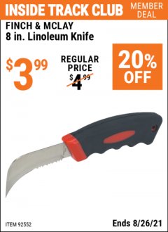 Harbor Freight ITC Coupon FINCH & MCLAY 8 IN. LINOLEUM KNIFE Lot No. 92552 Expired: 8/26/21 - $3.99