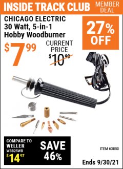 Harbor Freight ITC Coupon CHICAGO ELECTRIC 30 WATT 5-IN-1 HOBBY WOODBURNER Lot No. 63850 Expired: 9/30/21 - $7.99
