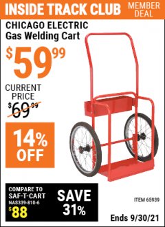Harbor Freight ITC Coupon CHICAGO ELECTRIC GAS WELDING CART Lot No. 65939 Expired: 9/30/21 - $59.99
