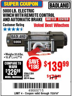Harbor Freight Coupon 5000 LB. ELECTRIC WINCH WITH REMOTE CONTROL AND AUTOMATIC BRAKE Lot No. 61384/61605/68144 Expired: 7/23/18 - $139.99